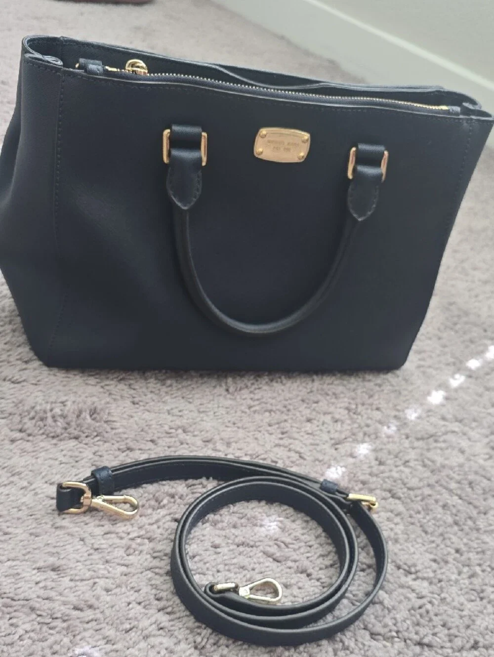 Michael Kors Navy Saffiano Satchel with Gold Hardware